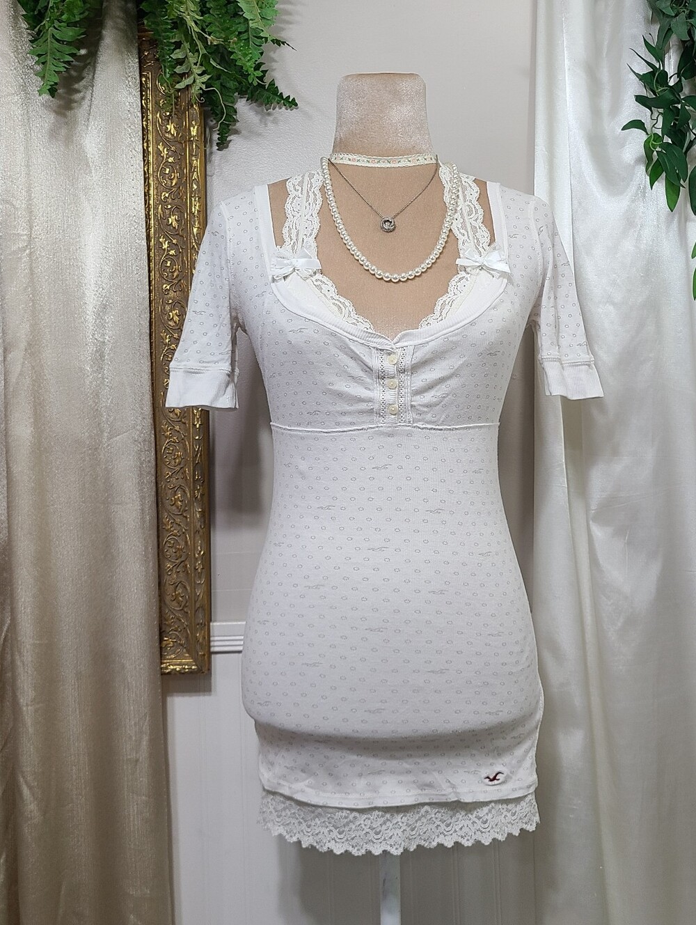 ♡ Y2K ♡ Hollister Rare Logo Polka Dot Print Babydoll Empire Waist Henley White